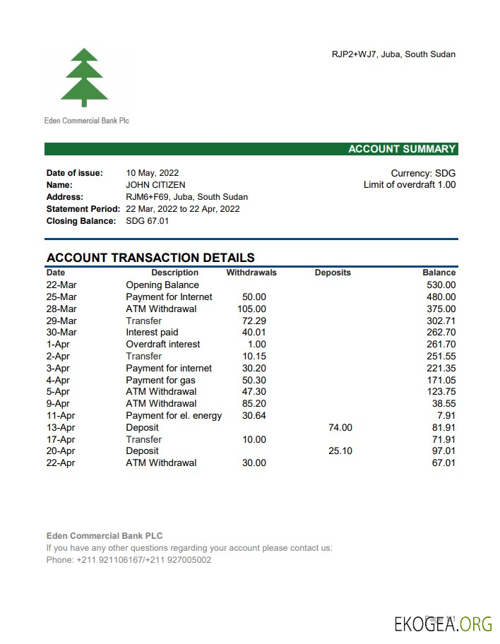 Déclaration de la Eden Commercial Bank du Soudan du Sud